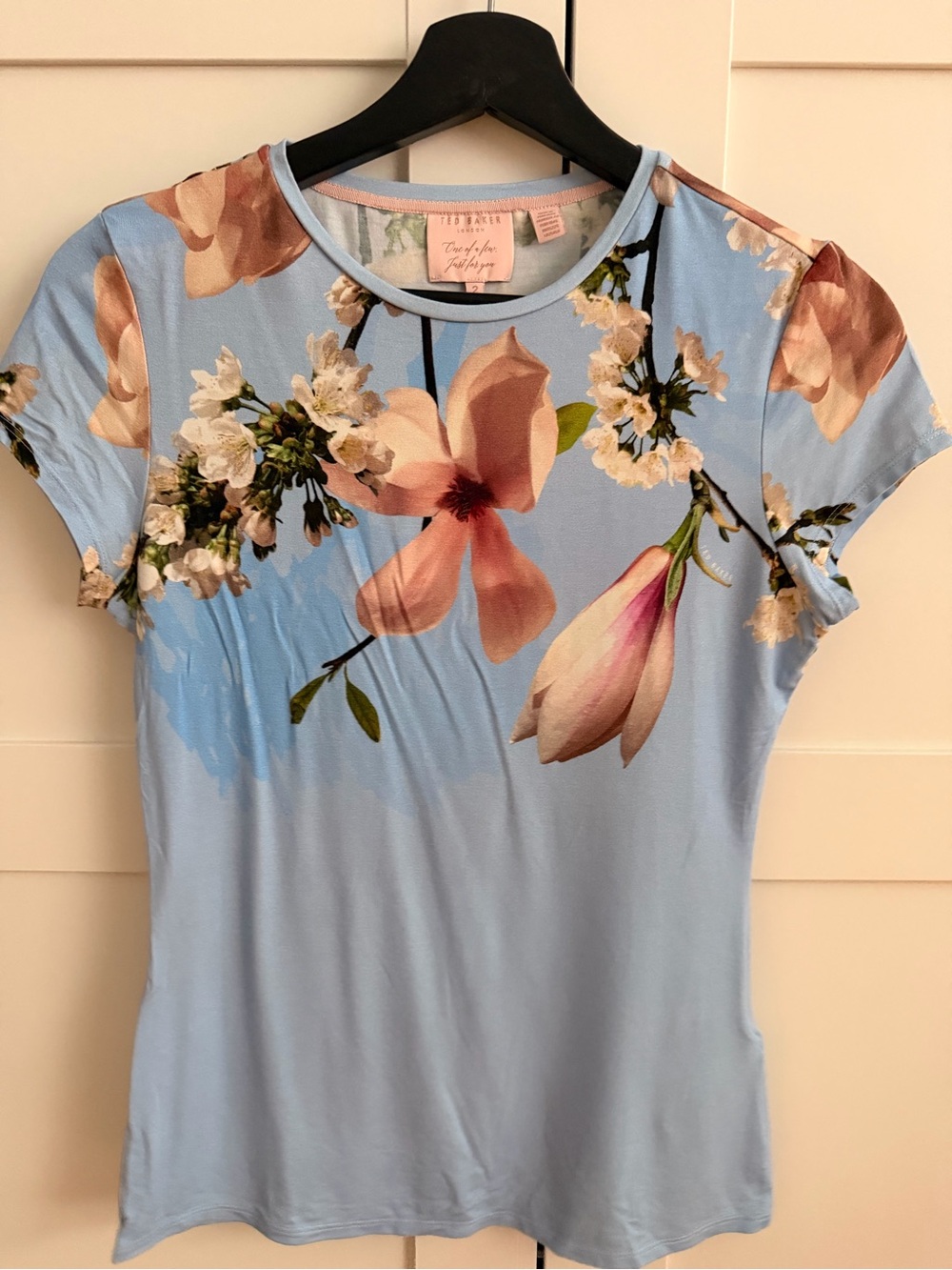 croft & barrow Light Blue Floral Short Sleeve Tee with Peach Blooms